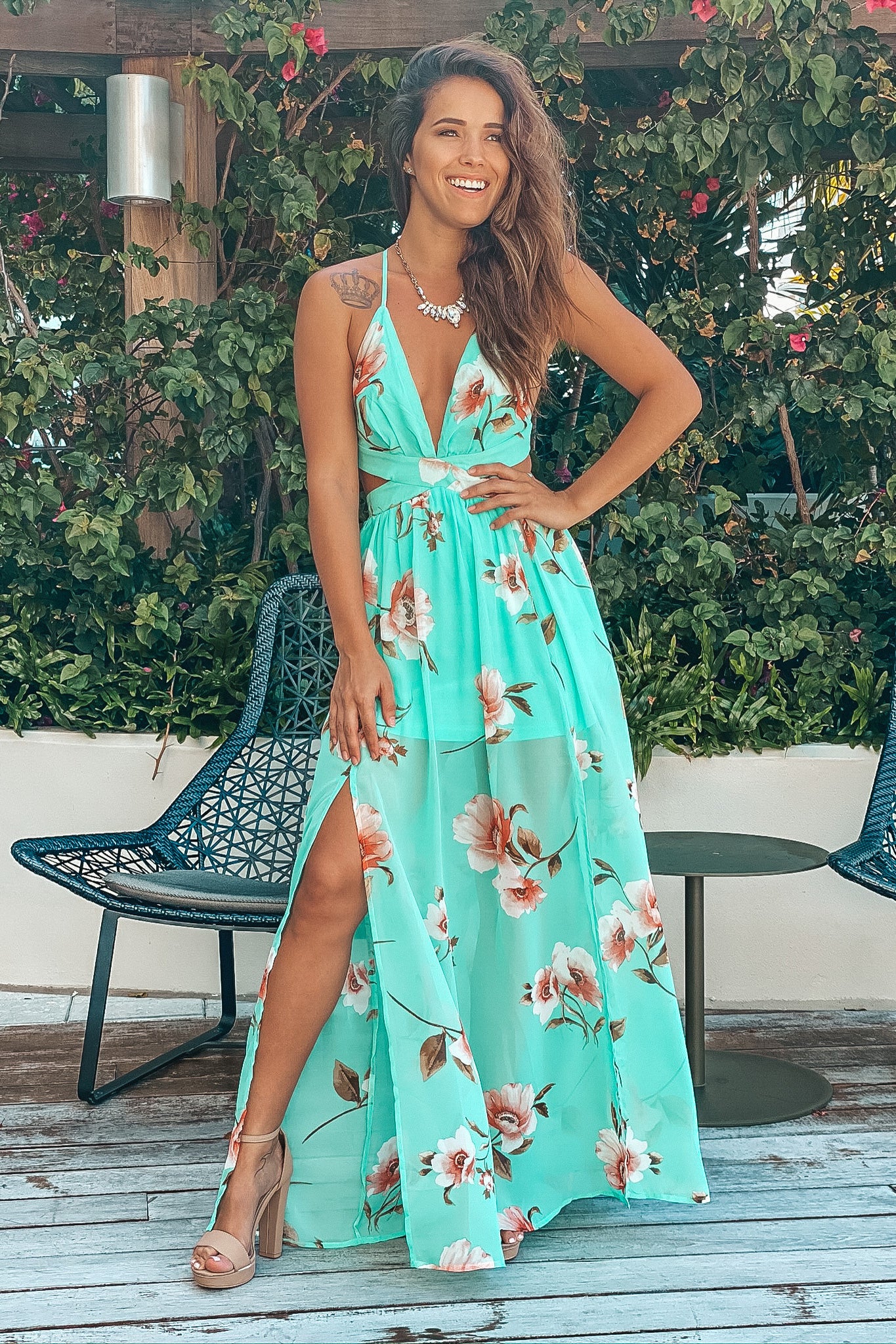 Mint Floral Maxi Dress with Cut Outs ...